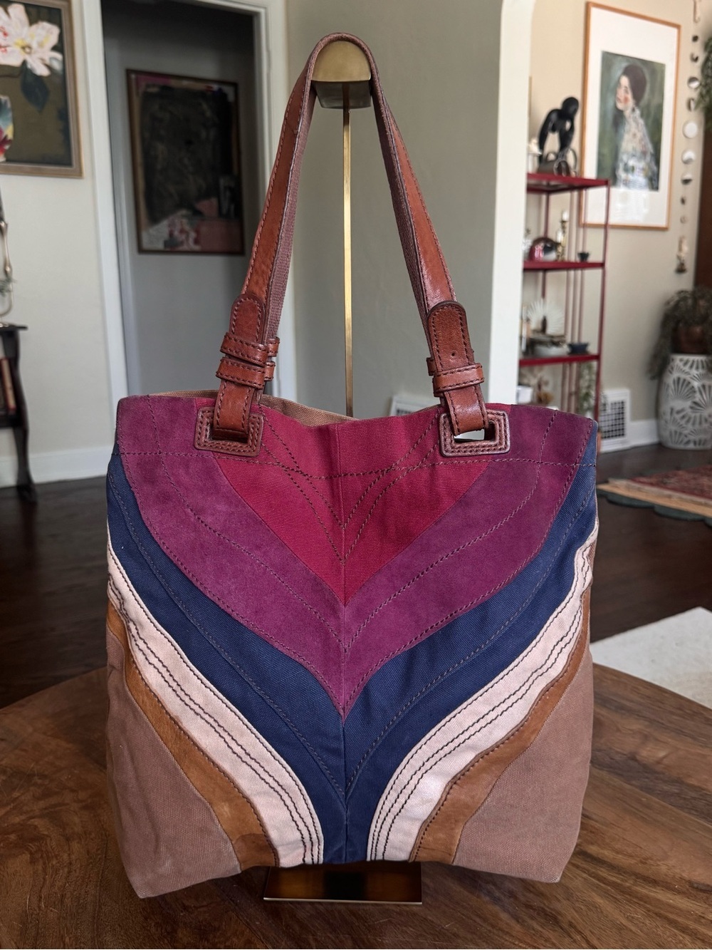 Fossil Long Live Vintage Chevron Multicolor Leather Canvas Tote Shoulder Bag